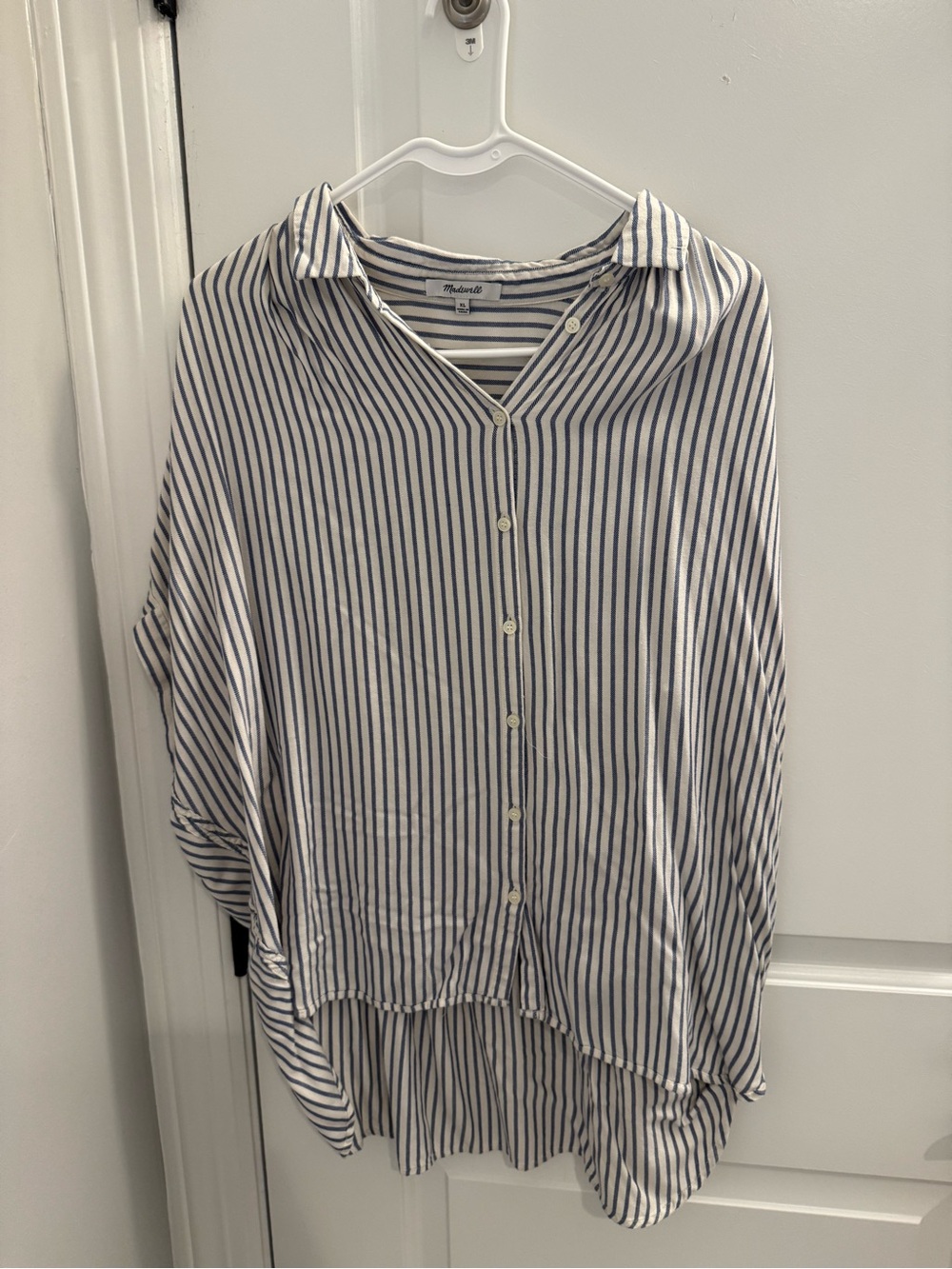 Madewell White and Navy Vertical Stripe Button-Down Shirt